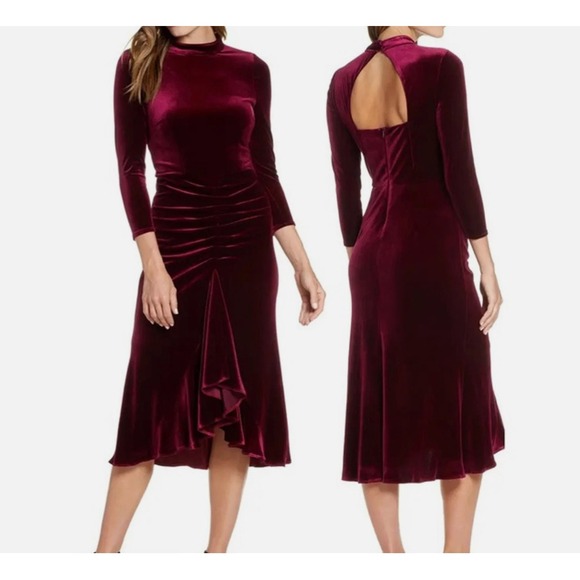 Eliza J Dresses & Skirts - Eliza J Velvet Velour Burgundy Ruched Dress with Keyhole Back